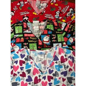 Lot of 3 Disney Scrubstar SB Scrubs Tops XS Christmas Mickey Mouse Santa Hearts